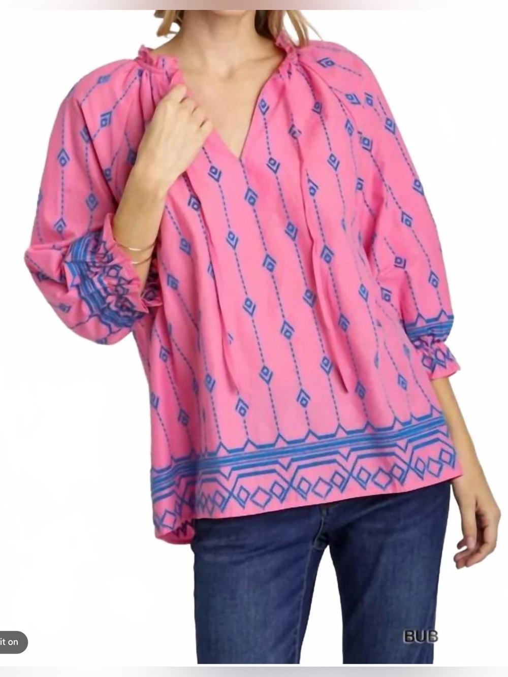 Umgee Pink Tunic with Blue Geometric Border